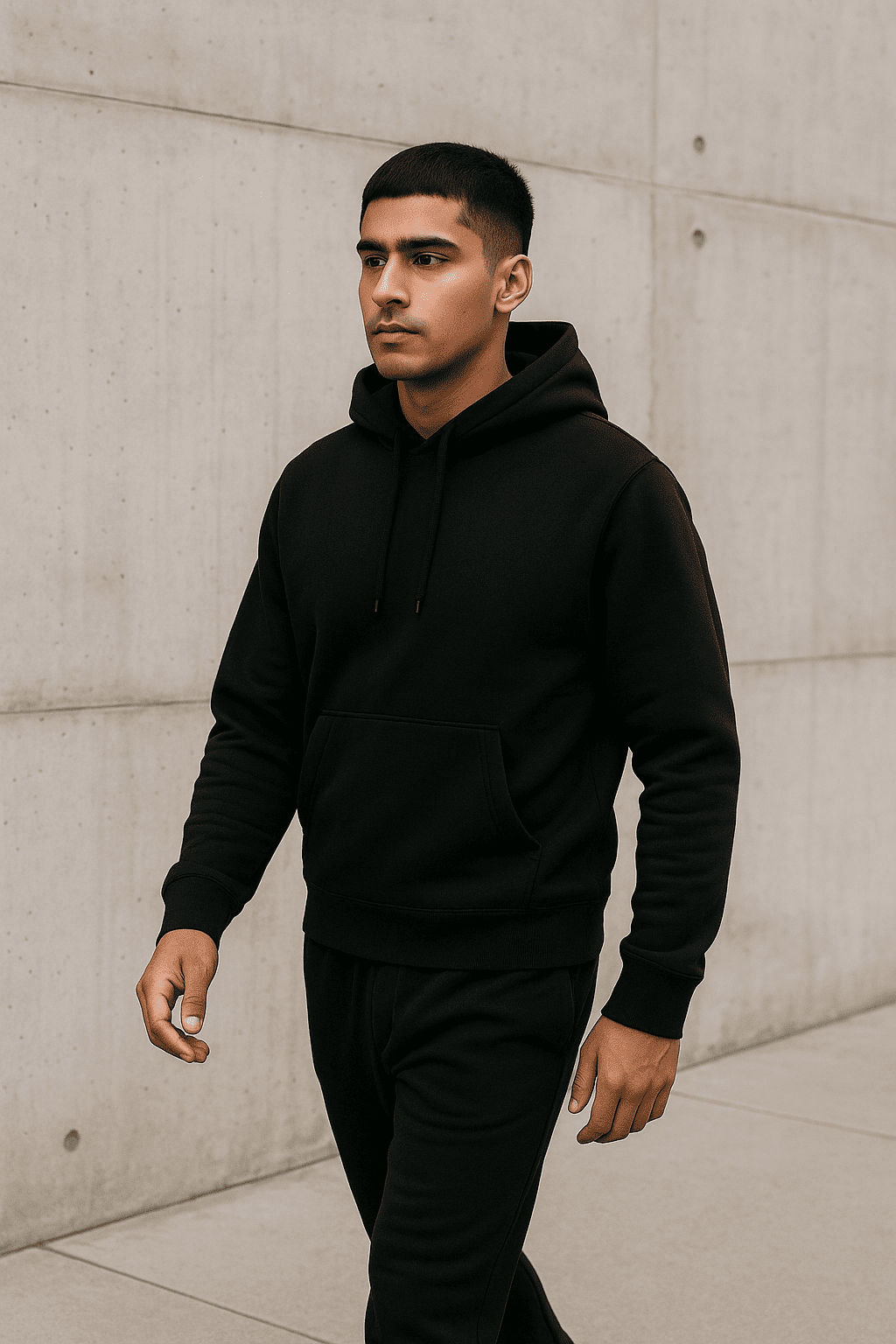 Man wearing a black hoodie and pants against a concrete wall.